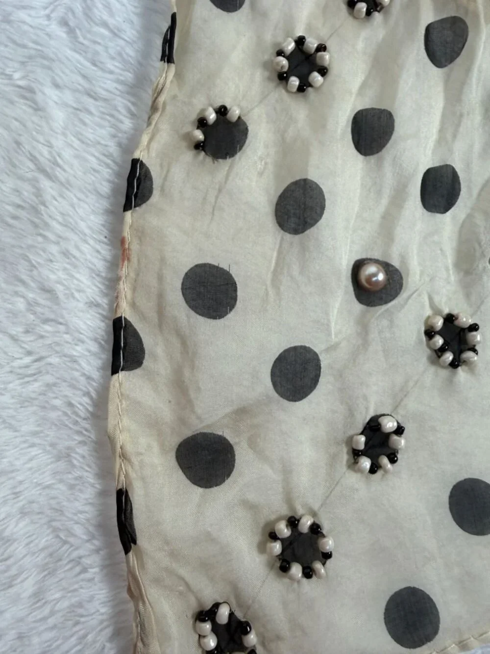Handmade Beaded Polka Dot Silk Scarf In Beige & Black Good Condition Missing Som